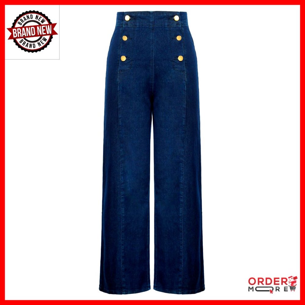 High Waisted Wide Leg Stretchy Denim Jeans With Button Decor Pockets